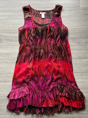 Pink & Red Boho Sheer Ruffle Mini Dress